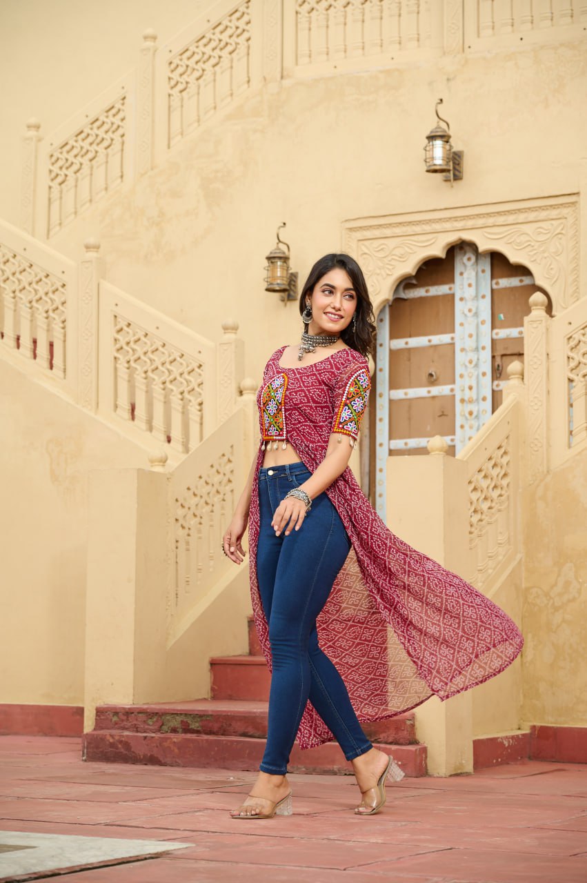 Maroon Bandhani Print Faux Georgette Kurti with Kutchi Patchwork ClothsVilla