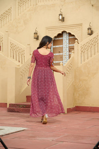 Maroon Bandhani Print Faux Georgette Kurti with Kutchi Patchwork ClothsVilla