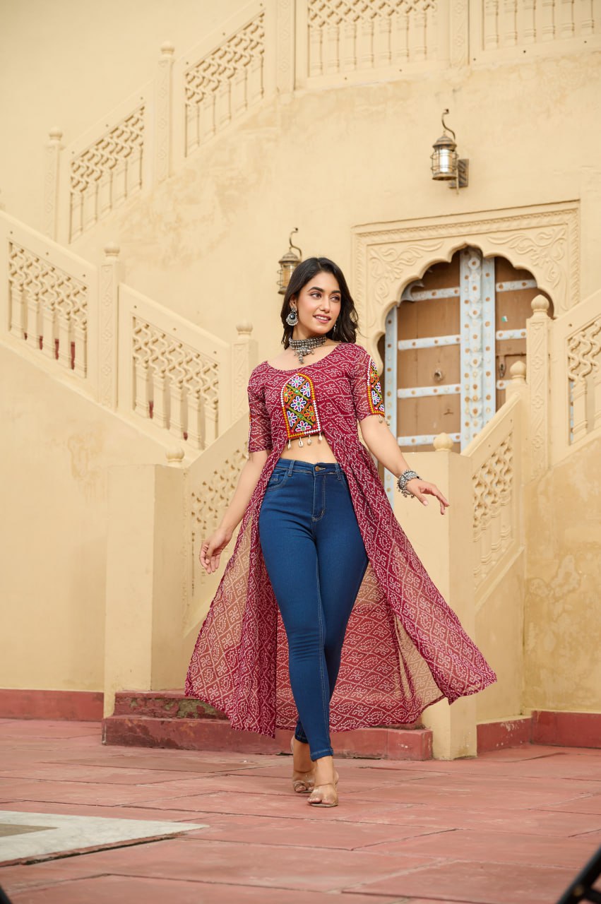 Maroon Bandhani Print Faux Georgette Kurti with Kutchi Patchwork ClothsVilla Main image
