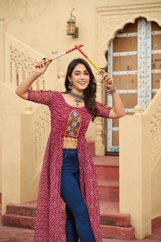 Maroon Bandhani Print Faux Georgette Kurti with Kutchi Patchwork ClothsVilla