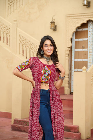 Maroon Bandhani Print Faux Georgette Kurti with Kutchi Patchwork ClothsVilla