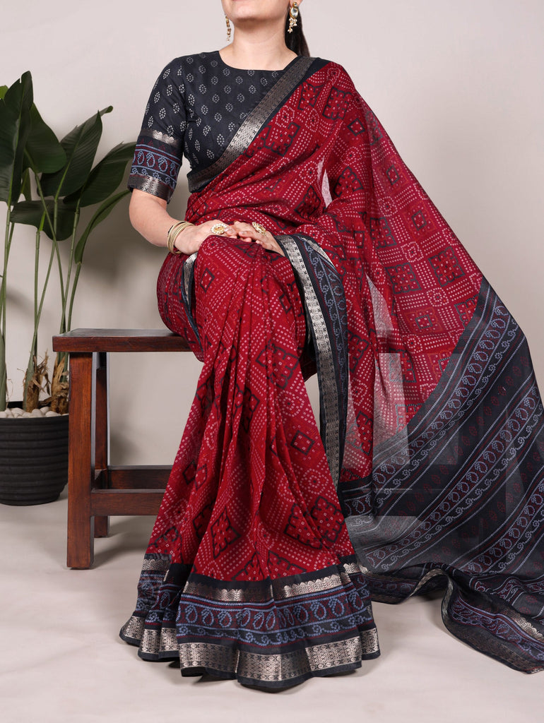 Maroon Bandhej Print Chanderi Saree with Zari Weaving Work ClothsVilla