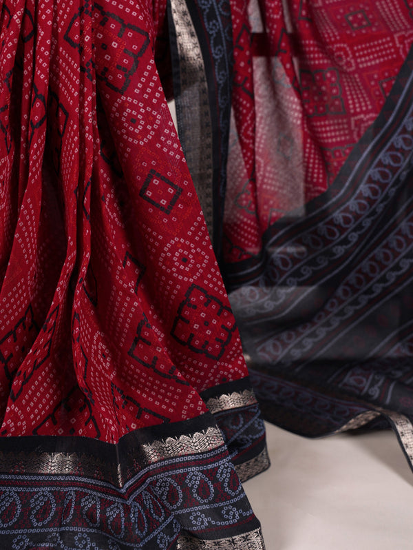 Maroon Bandhej Print Chanderi Saree with Zari Weaving Work ClothsVilla