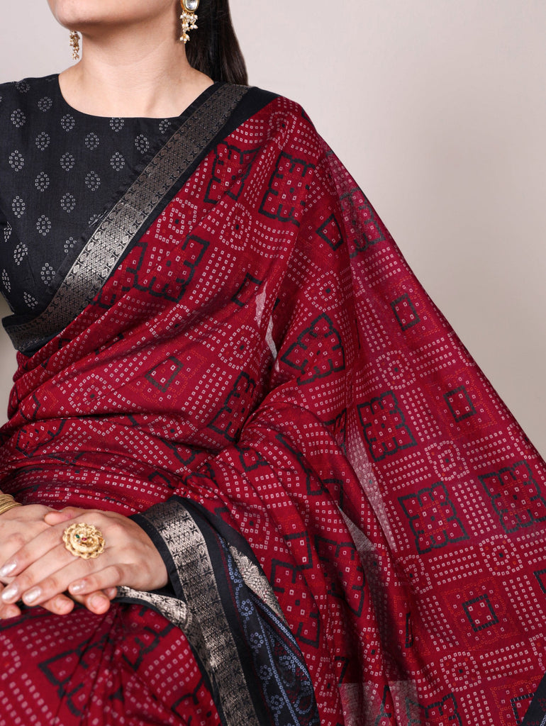 Maroon Bandhej Print Chanderi Saree with Zari Weaving Work ClothsVilla
