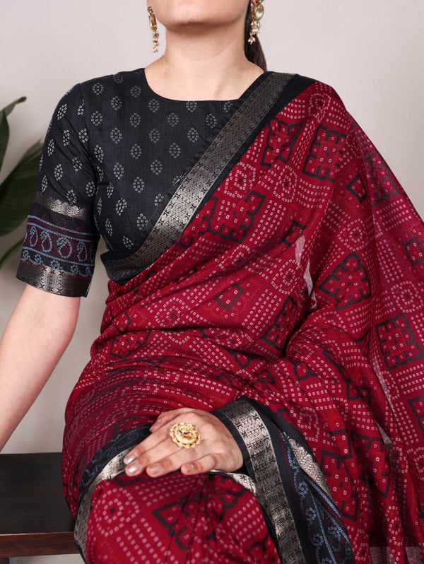 Maroon Bandhej Print Chanderi Saree with Zari Weaving Work ClothsVilla