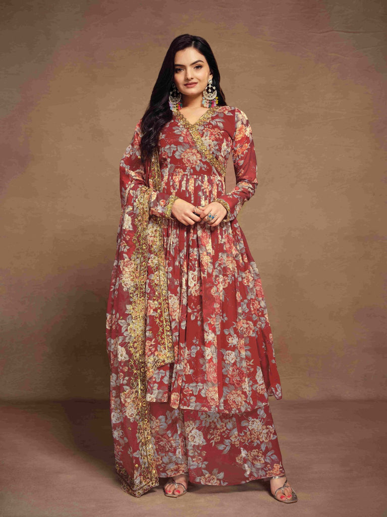 Maroon Chiffon Printed Zari Work Sequence Suit with Palazzo and Dupatta ClothsVilla