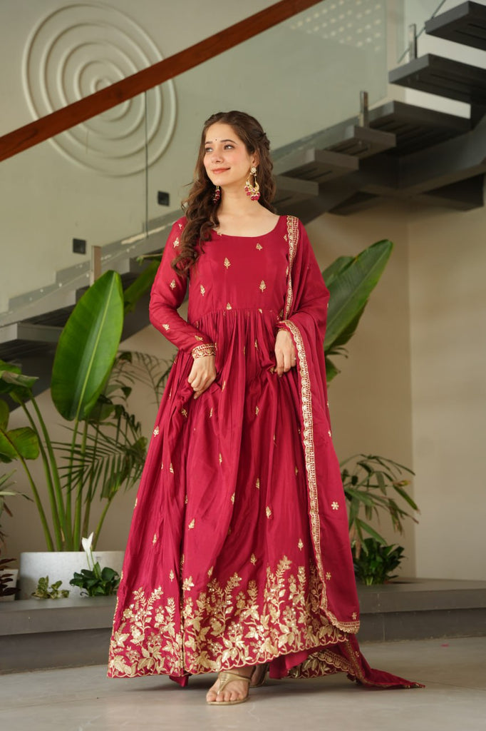 Maroon Chinnon Embroidered Zari & Sequins Work Gown with Designer Dupatta – Festive & Party Wear ClothsVilla