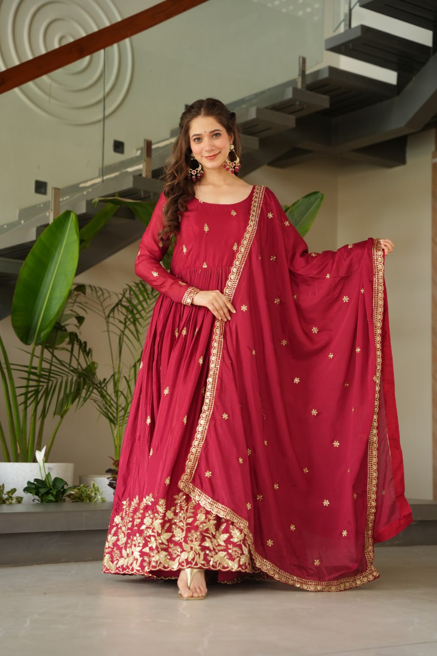 Maroon Chinnon Embroidered Zari & Sequins Work Gown with Designer Dupatta – Festive & Party Wear ClothsVilla