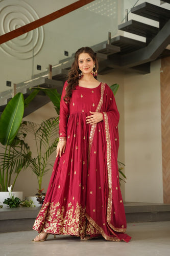 Maroon Chinnon Embroidered Zari & Sequins Work Gown with Designer Dupatta – Festive & Party Wear ClothsVilla