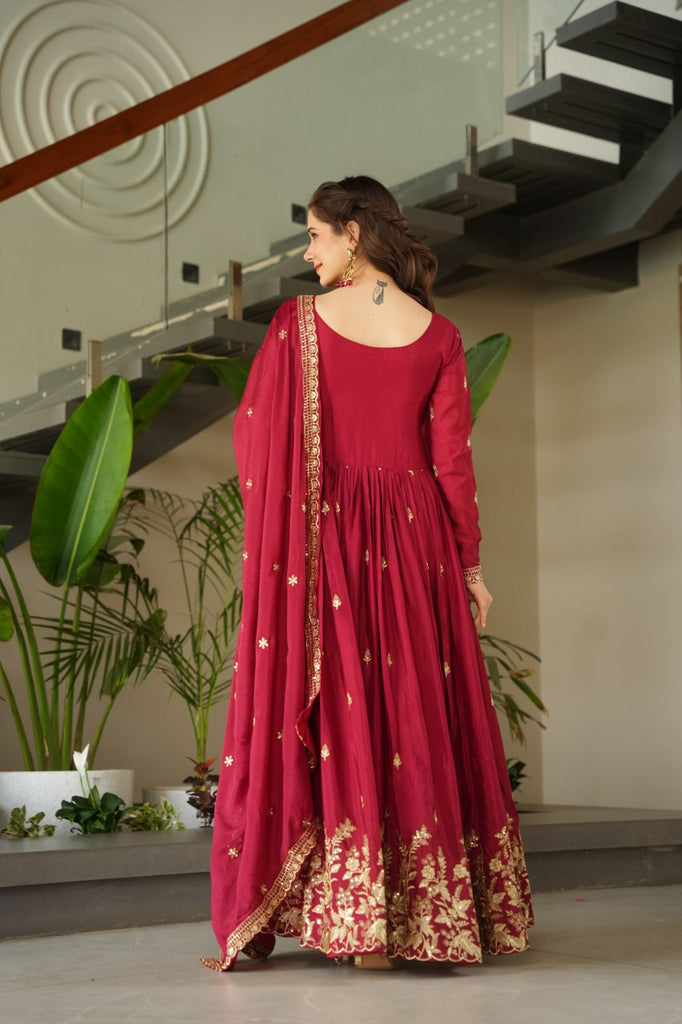 Maroon Chinnon Embroidered Zari & Sequins Work Gown with Designer Dupatta – Festive & Party Wear ClothsVilla