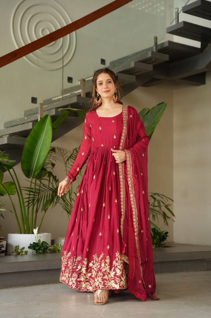 Maroon Chinnon Embroidered Zari & Sequins Work Gown with Designer Dupatta – Festive & Party Wear ClothsVilla