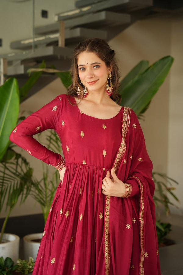 Maroon Chinnon Embroidered Zari & Sequins Work Gown with Designer Dupatta – Festive & Party Wear ClothsVilla