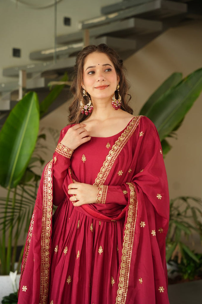 Maroon Chinnon Embroidered Zari & Sequins Work Gown with Designer Dupatta – Festive & Party Wear ClothsVilla