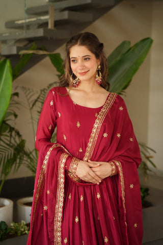 Maroon Chinnon Embroidered Zari & Sequins Work Gown with Designer Dupatta – Festive & Party Wear ClothsVilla