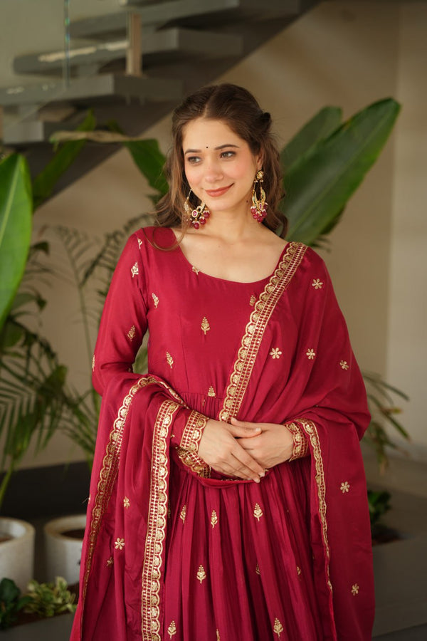 Maroon Chinnon Embroidered Zari & Sequins Work Gown with Designer Dupatta – Festive & Party Wear ClothsVilla