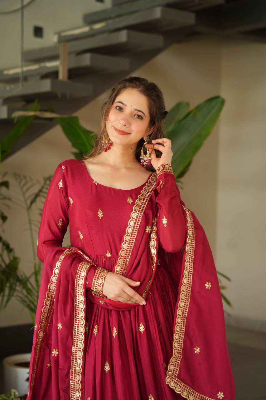 Maroon Chinnon Embroidered Zari & Sequins Work Gown with Designer Dupatta – Festive & Party Wear ClothsVilla