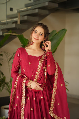 Maroon Chinnon Embroidered Zari & Sequins Work Gown with Designer Dupatta – Festive & Party Wear ClothsVilla