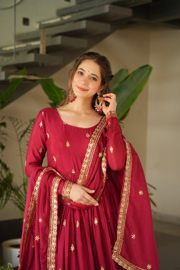 Maroon Chinnon Embroidered Zari & Sequins Work Gown with Designer Dupatta – Festive & Party Wear ClothsVilla