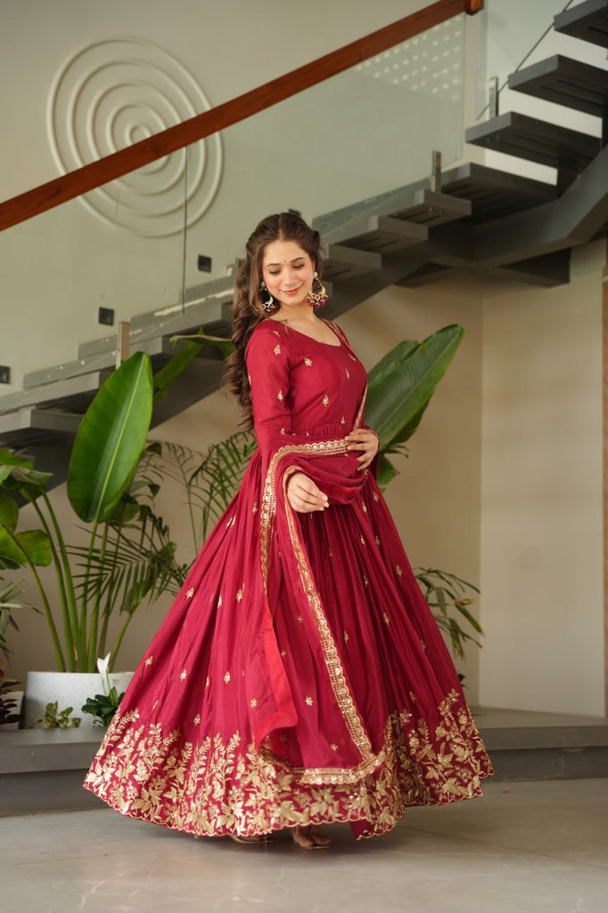 Maroon Chinnon Embroidered Zari & Sequins Work Gown with Designer Dupatta – Festive & Party Wear ClothsVilla