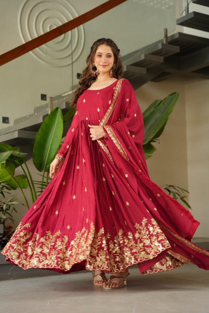 Maroon Chinnon Embroidered Zari & Sequins Work Gown with Designer Dupatta – Festive & Party Wear ClothsVilla