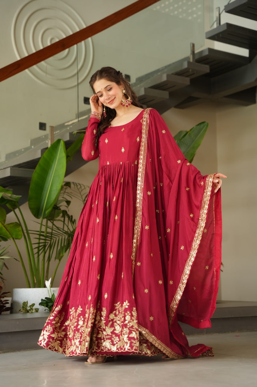 Maroon Chinnon Embroidered Zari & Sequins Work Gown with Designer Dupatta – Festive & Party Wear ClothsVilla