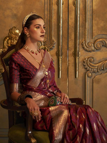 Maroon Classic Banarasi Silk Blend Saree – Perfect for Weddings & Festive Occasions ClothsVilla