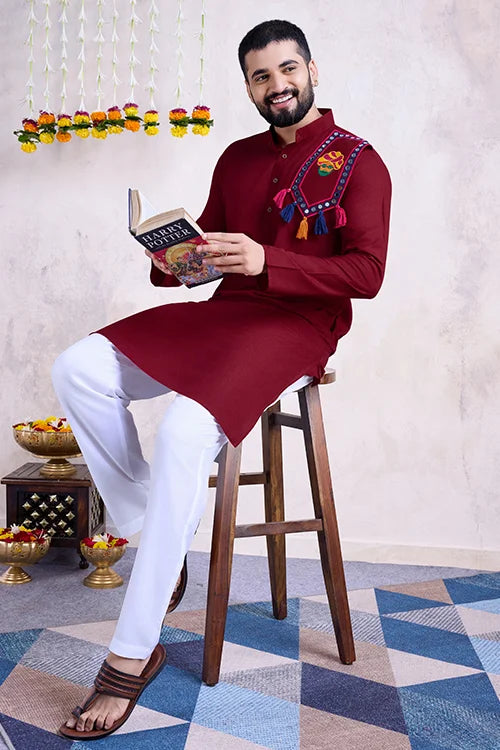 Maroon Color Festival Wear Men's Kurta Stylish Collection Clothsvilla