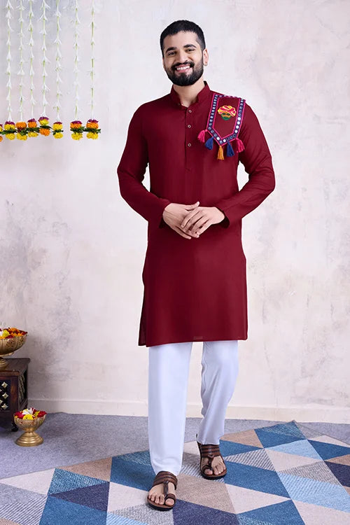 Maroon Color Festival Wear Men's Kurta Stylish Collection Clothsvilla