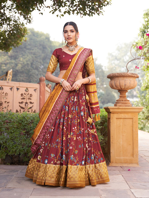 Maroon Color Mesmerize in Dola Silk Elegance Printed Lehenga Choli Set with Foil Work & Minakari ClothsVilla