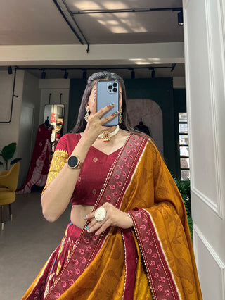 Maroon Color Mesmerize in Dola Silk Elegance Printed Lehenga Choli Set with Foil Work & Minakari ClothsVilla