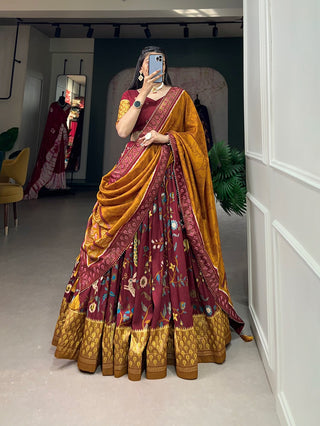 Maroon Color Mesmerize in Dola Silk Elegance Printed Lehenga Choli Set with Foil Work & Minakari ClothsVilla