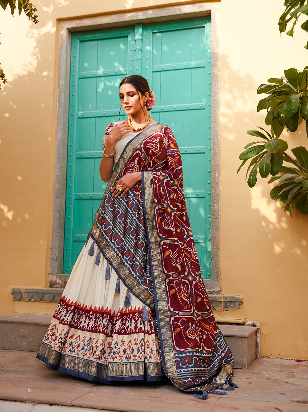 Maroon Color Patola Print Tussar Silk Lehenga Choli Set with Foil Detailing & Can Can ClothsVilla