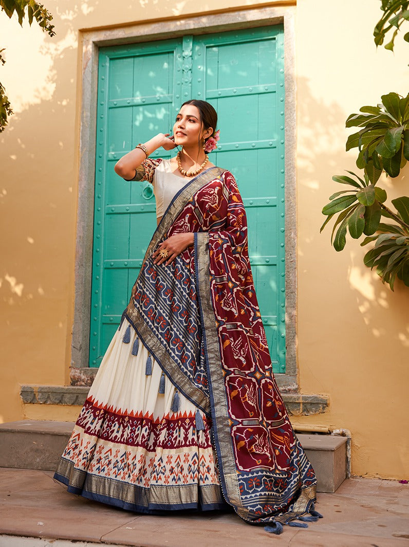 Maroon Color Patola Print Tussar Silk Lehenga Choli Set with Foil Detailing & Can Can ClothsVilla