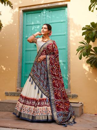 Maroon Color Patola Print Tussar Silk Lehenga Choli Set with Foil Detailing & Can Can ClothsVilla