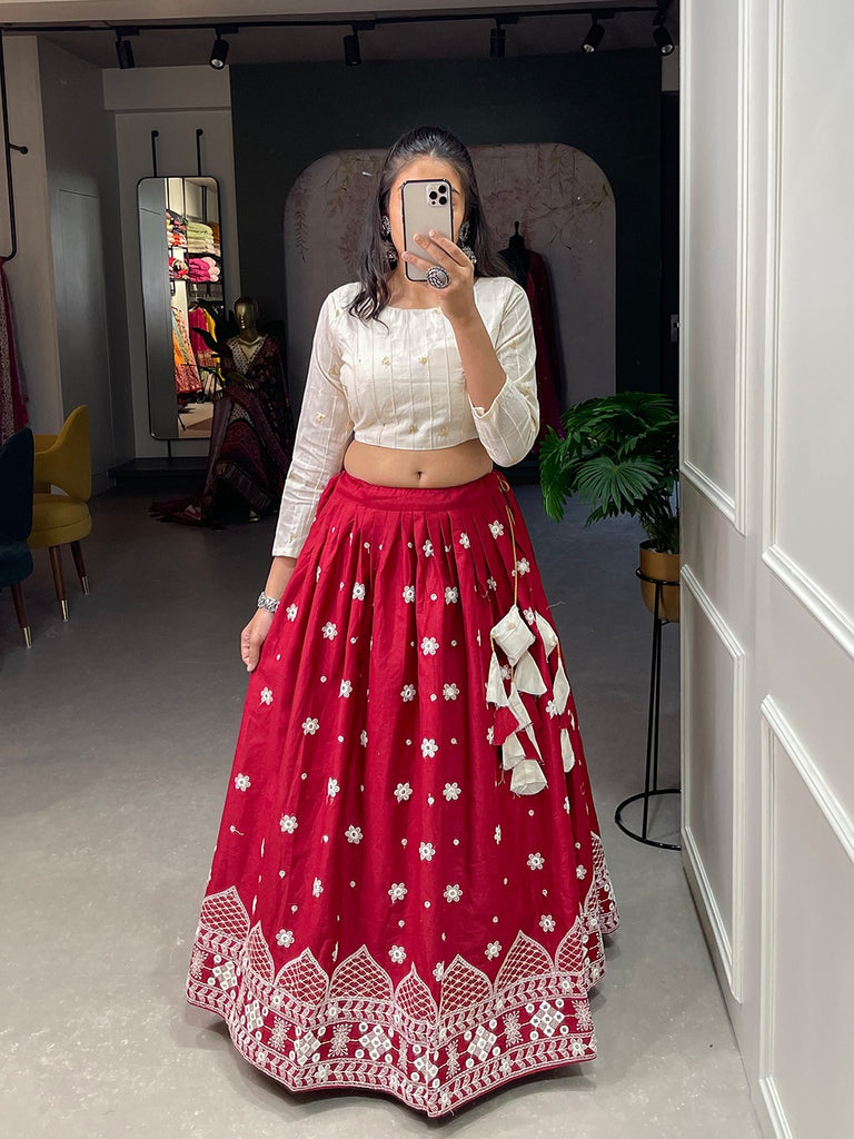 Red netted crop top lehenga - Collections
