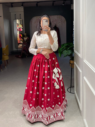 Maroon Color Pure Cotton Lucknowi Work Crop Top Lehenga Choli Clothsvilla