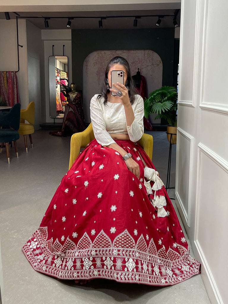 Maroon Color Pure Cotton Lucknowi Work Crop Top Lehenga Choli Clothsvilla