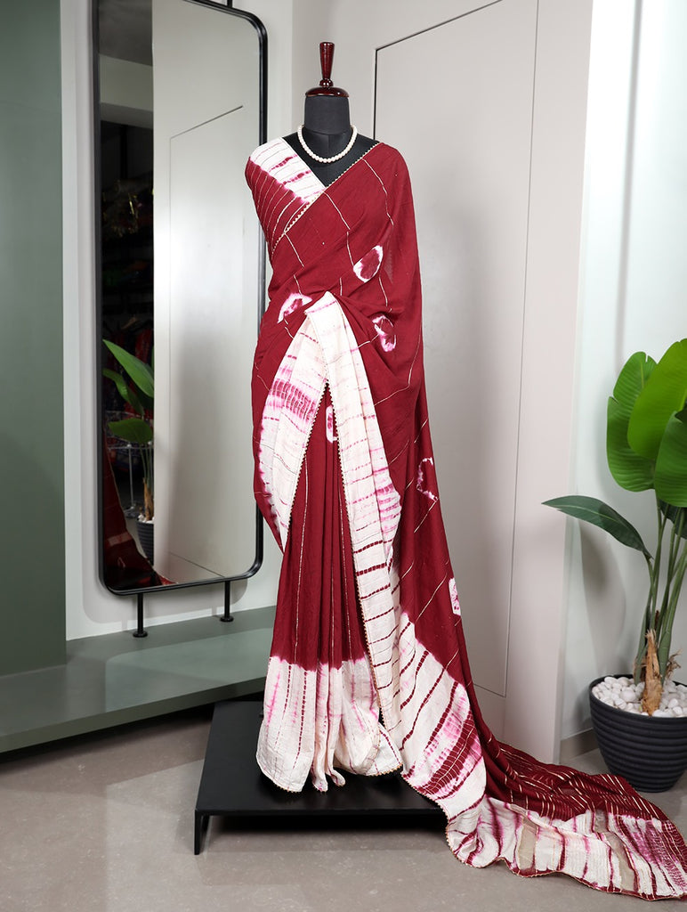 Maroon Color Sequined Viscose Chanderi Saree with Gota Patti Border & Blouse ClothsVilla