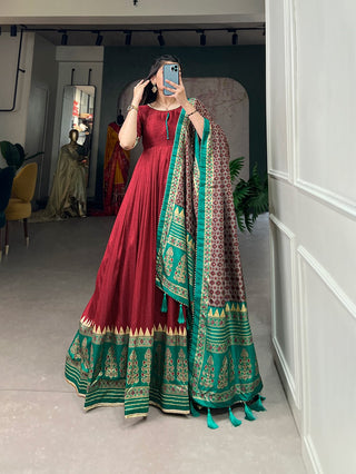 Maroon Color Tussar Silk Printed Gown with Dupatta - Contemporary Elegance ClothsVilla