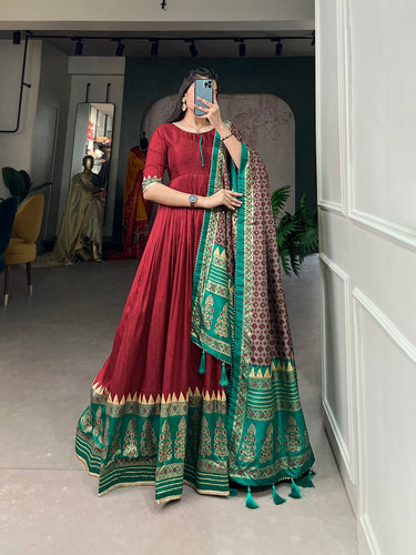 maroon and green combination dress Green color hand embroidered long dress with belt and Maroon dupatta