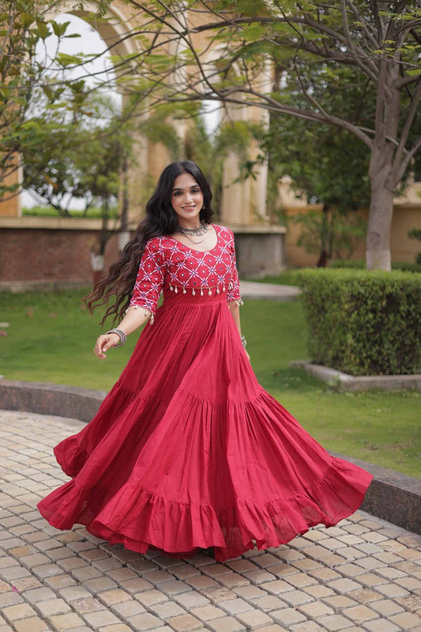 Maroon Cotton Gown with Mirror Work ClothsVilla