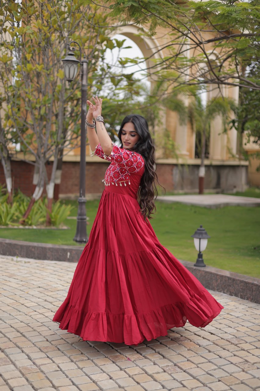 Maroon Cotton Gown with Mirror Work ClothsVilla