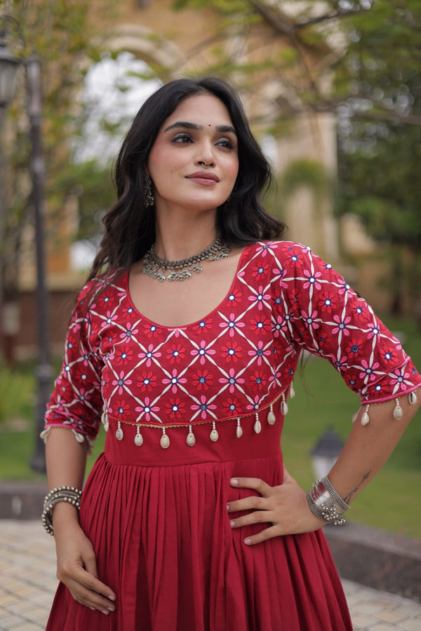 Maroon Cotton Gown with Mirror Work ClothsVilla
