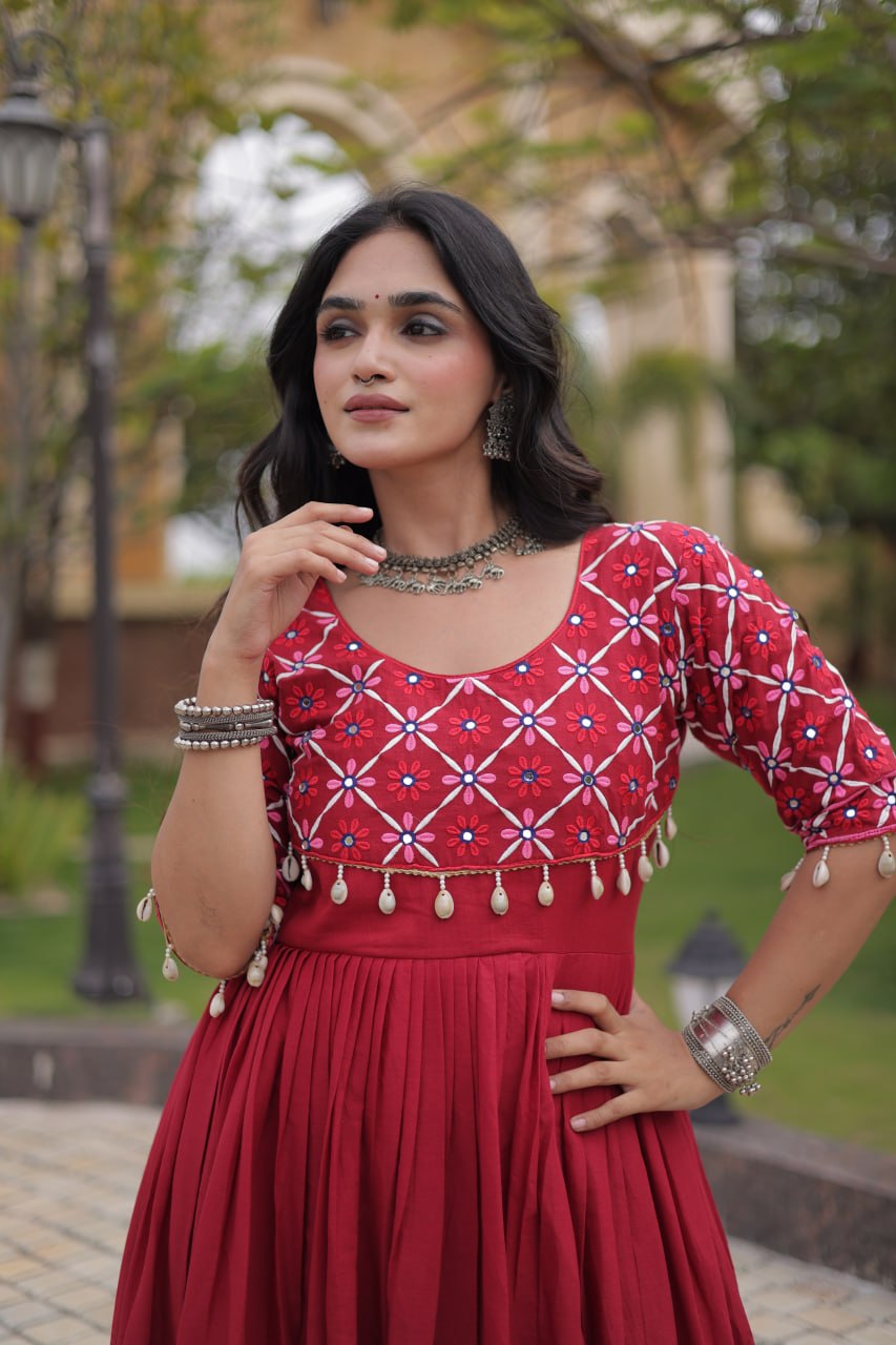Maroon Cotton Gown with Mirror Work ClothsVilla