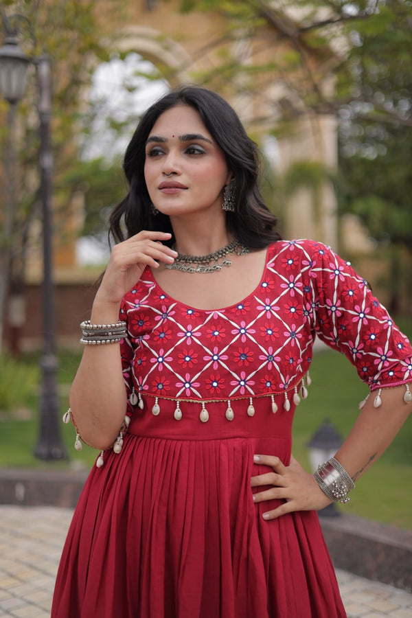 Maroon Cotton Gown with Mirror Work ClothsVilla