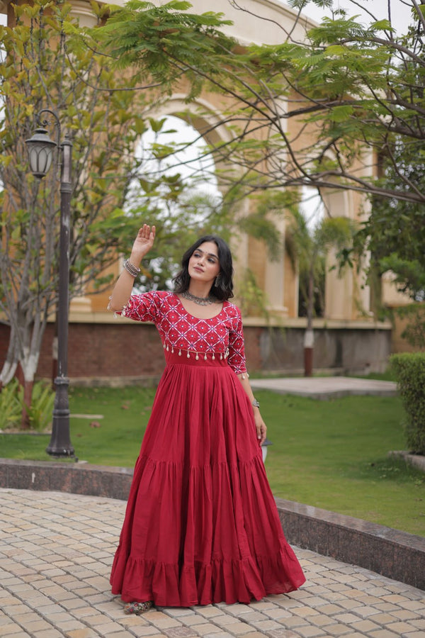 Maroon Cotton Gown with Mirror Work ClothsVilla