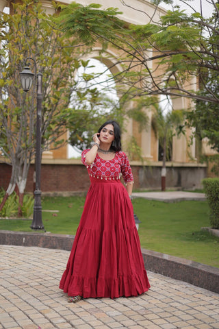 Maroon Cotton Gown with Mirror Work ClothsVilla