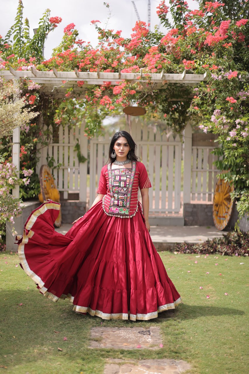 Maroon Cotton Lehenga with Kutchi Patchwork ClothsVilla