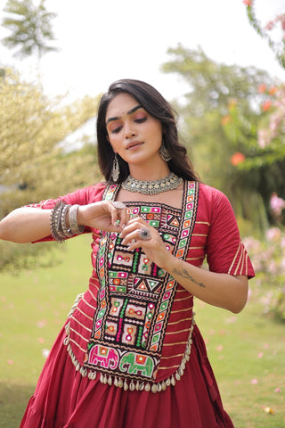 Maroon Cotton Lehenga with Kutchi Patchwork ClothsVilla