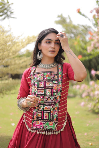 Maroon Cotton Lehenga with Kutchi Patchwork ClothsVilla